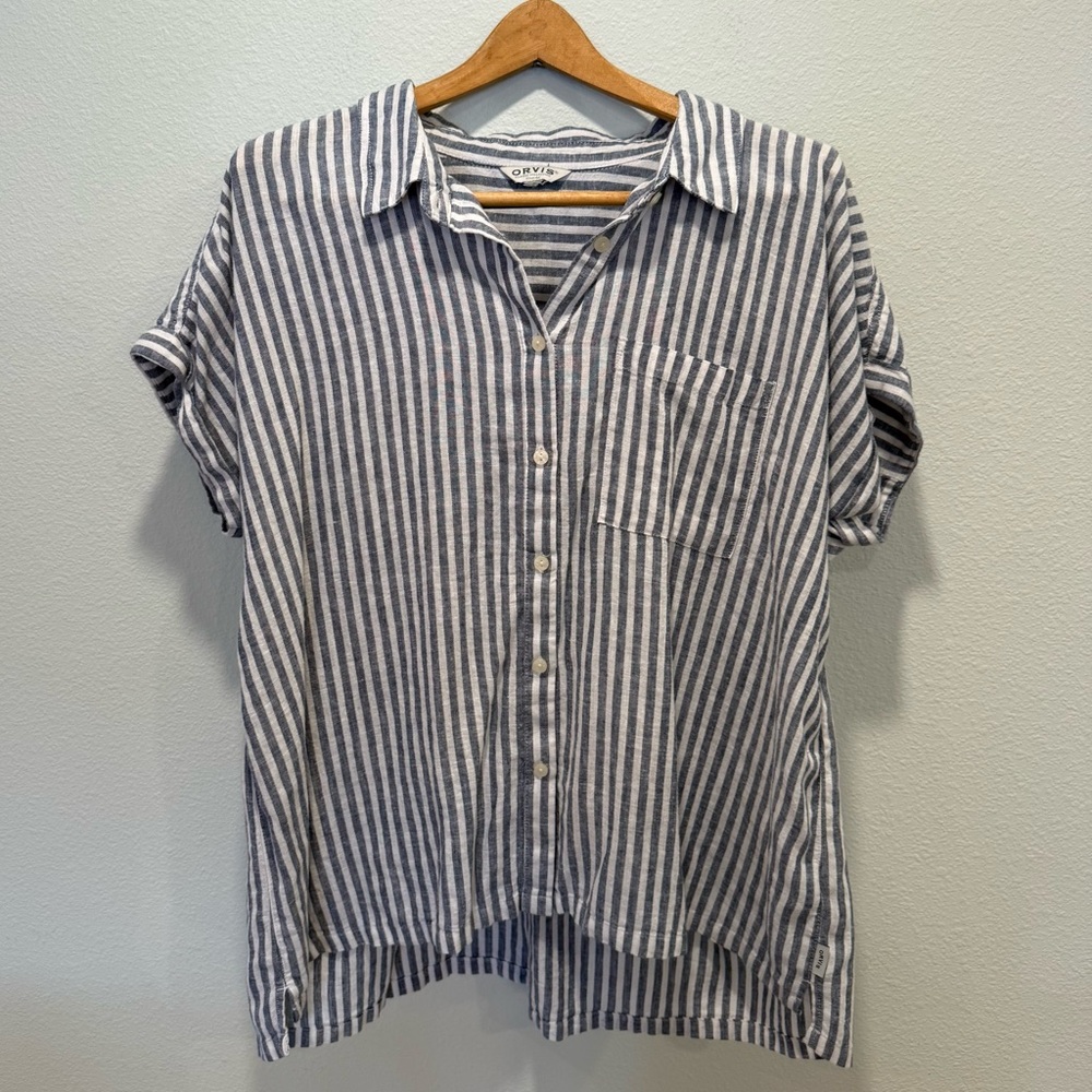 Linen Blend Orvis White & Blue Striped Short Sleeve Button Up Shirt XL